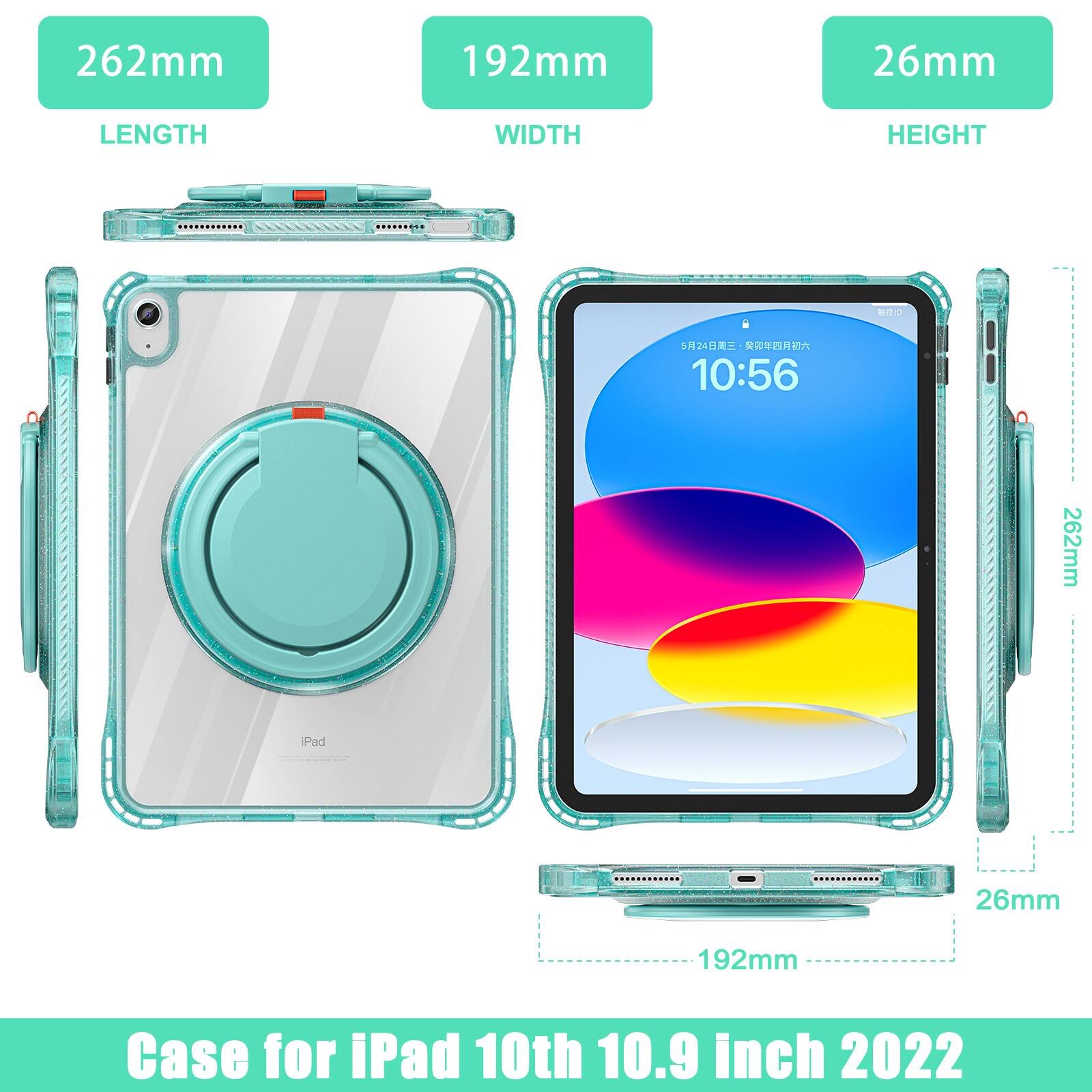 262mm 192mm 26mm LENGTH WIDTH HEIGHT BAU 524 10:56 262mm Pad - 26mm 192mm Case for iPad 10th 10.9 inch 2022