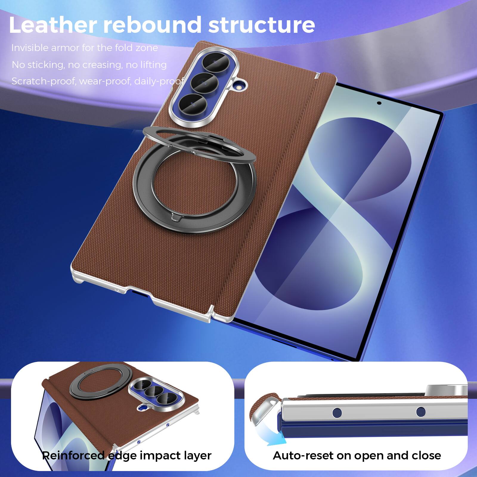 Leather rebound structure  
Invisible armor for the fold zone  
No sticking, no creasing, no lifting  
Scratch-proof, wear-proof, daily-proof  

Reinforced edge impact layer  
Auto-reset on open and close