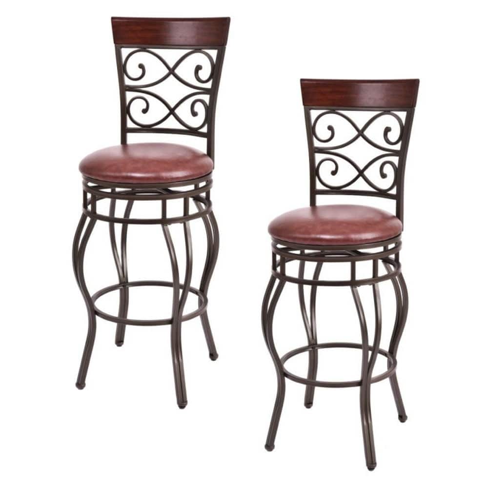 Pefilos - 2-Piece 30 Inch 360 Degree 360° Swivel Bar Stools, Bar Stool with Leather Padded Seat, Multi-purpose Retro Chair Set - Brown