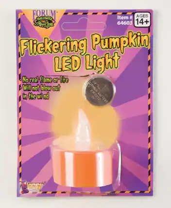 FORUM HALLOWEEN Item # 64603
AGES 14+
Flickering Pumpkin LED Light
- No real flame or fire
- Will not blow out in the wind
LITHIUM CR2032 3V BATTERY