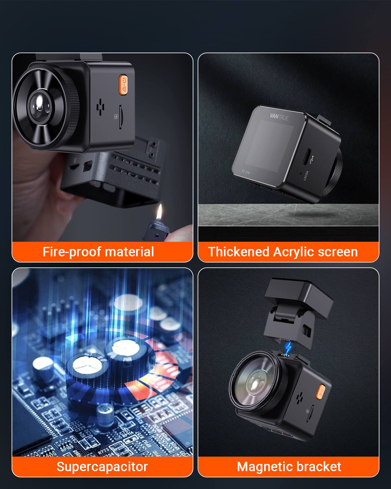 C 31 A VANTRUE CUE

- Fire-proof material
- Thickened Acrylic screen
- Supercapacitor
- Magnetic bracket