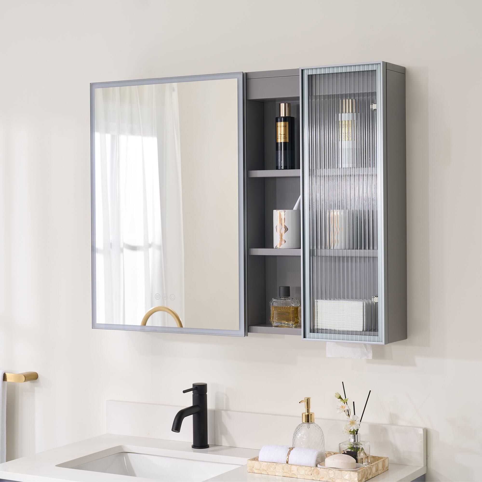 Left. WELLFOR - 36 in. W x 28 in. H Rectangular Dimmable Anti-fog LED Wood Surface Mount Medicine Cabinet with Mirror - Gray.