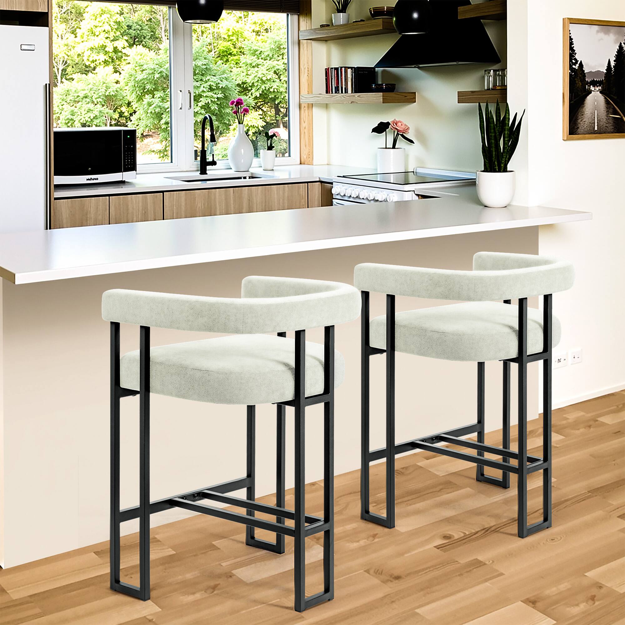 Alt View 2. KERDOM - 26'' Height Cloud Velvet Pub Bar Seats, Kitchen Island Stools with Arms Bar Stools Set of 2, Counter Padded High Chair - Pearl White.