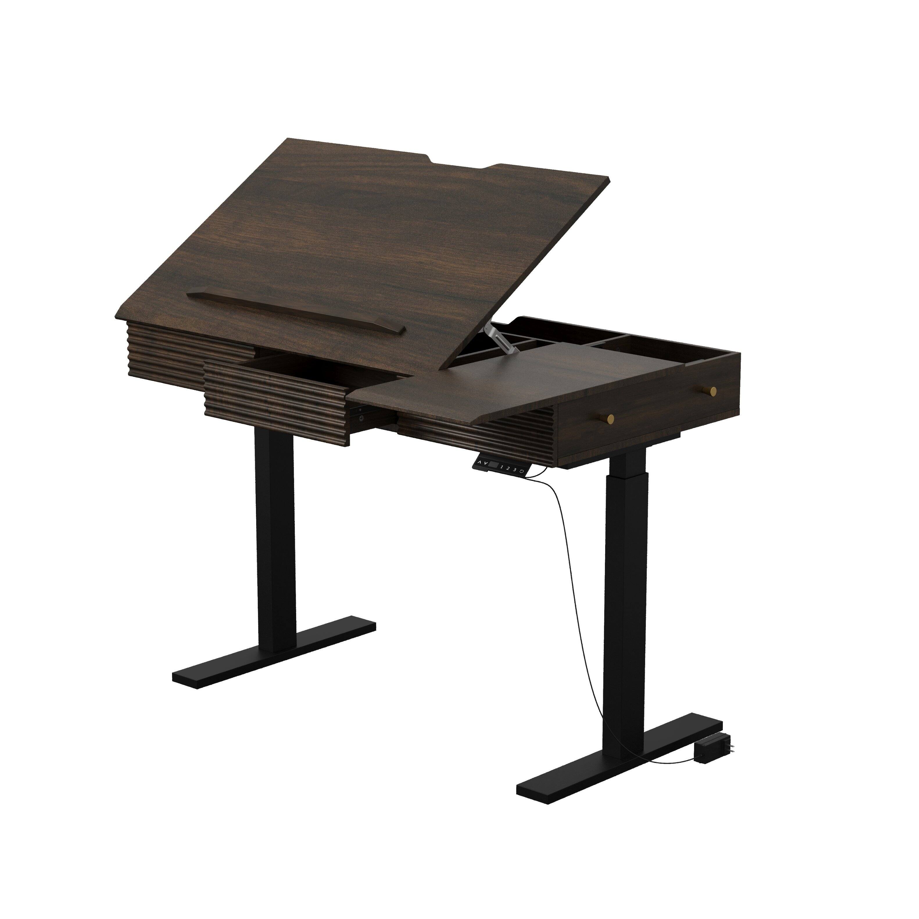 Front. Famapy - Electric Drafting Desk with Tiltable Top, Adjustable Height Art Table for Puzzle & Painting, Pull-Out Tray. - Black & Brown.