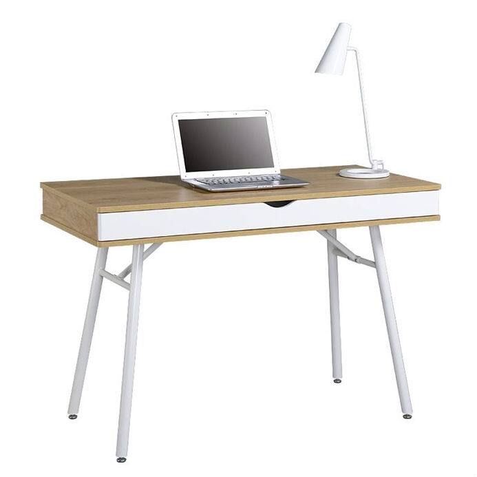 Front. SlickBlue - Modern Laptop Computer Desk with Storage Drawer, Pine Wood Finish - White, Natural.