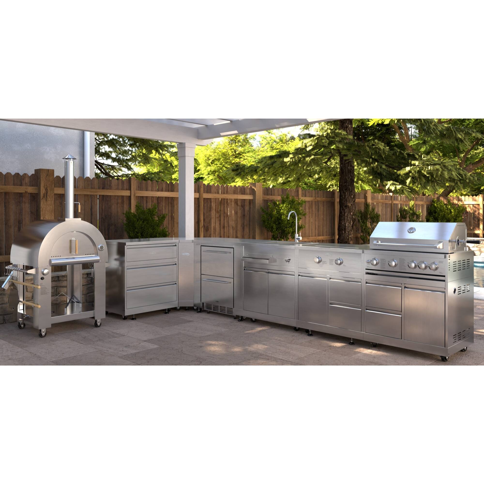 Angle. Koolmore - Dual Fuel Pizza Oven, 3 Drawer Cabinet, Corner Cabinet, Refrigerator , Sink, Side Burner, 30 in. Grill and Cabinet - Stainless Steel.