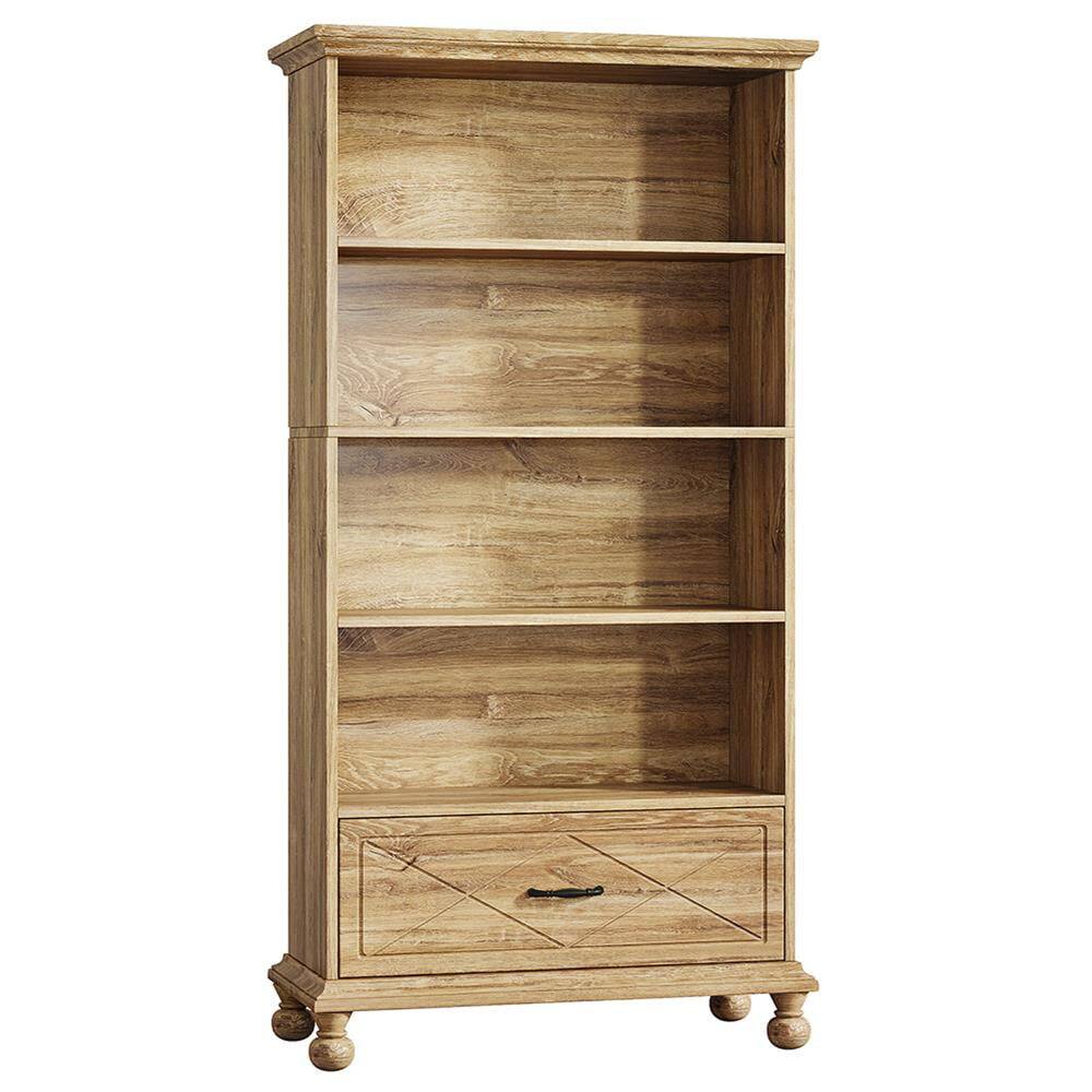 Angle. Kadyn - Bookshelf, Storage Shelf, Bookcase,6-Shelf Bookcase with Drawer, 71" Bookshelf with Solid Wood Legs,Oak - Oak.