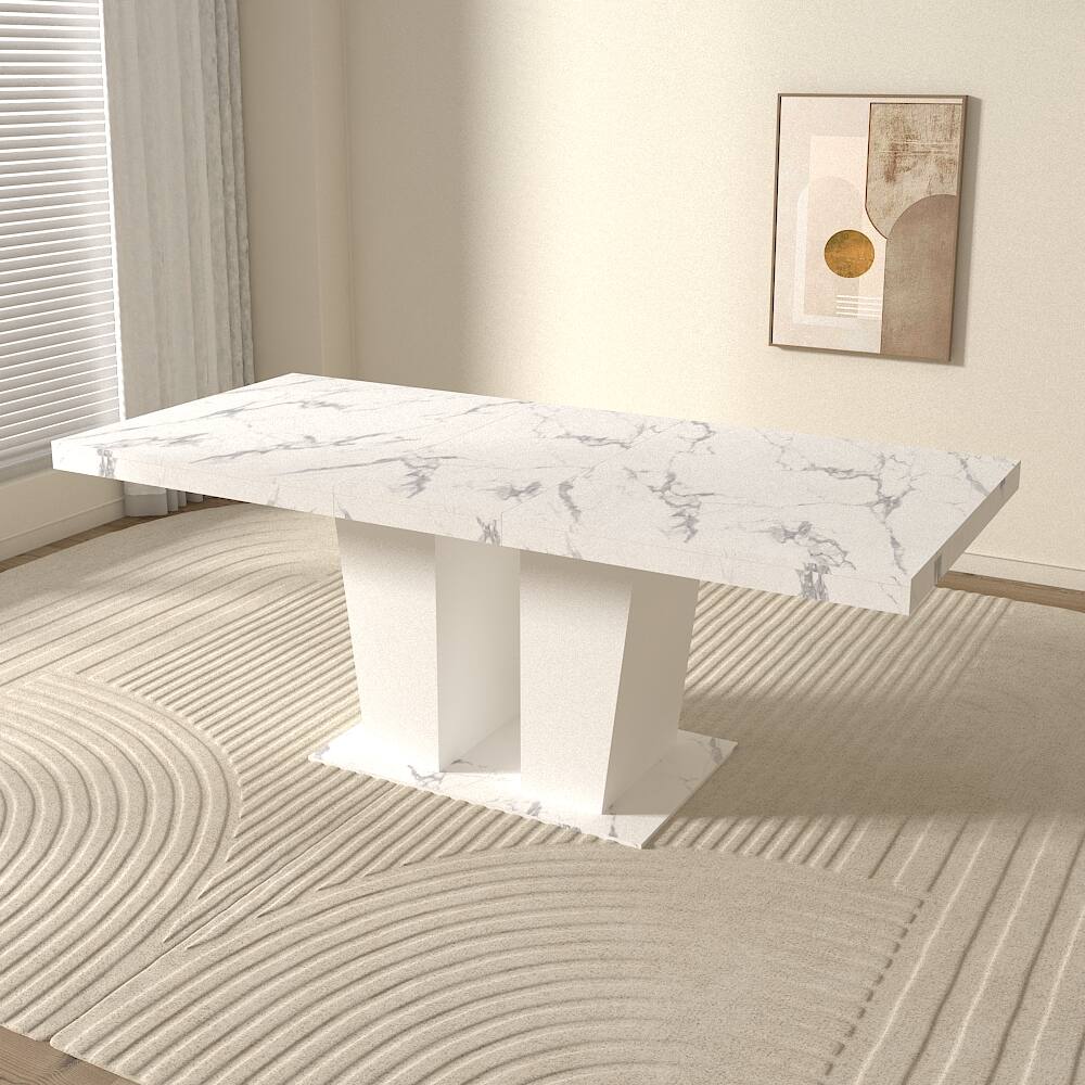 Left. Tiramisubest - Modern Extendable Dining Table for 4-10, White Faux Marble Wooden Rectangle Table with Dual Column Pedestal Base - White Marble.