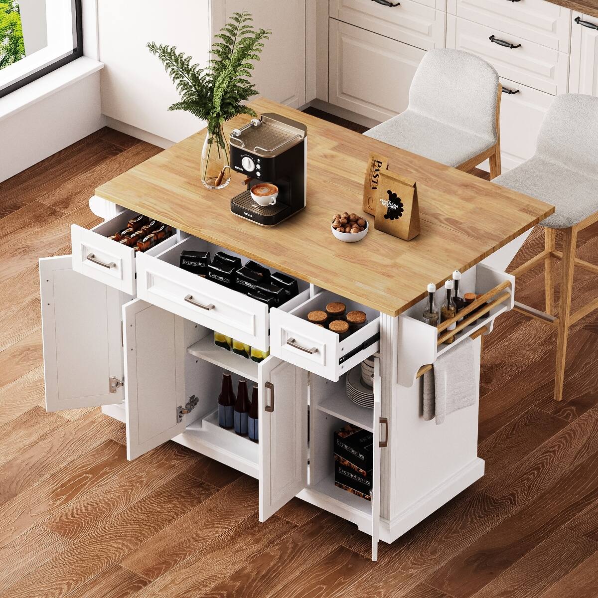 Loheer - 54 inch kitchen island on wheels Rubber Wood Top - White