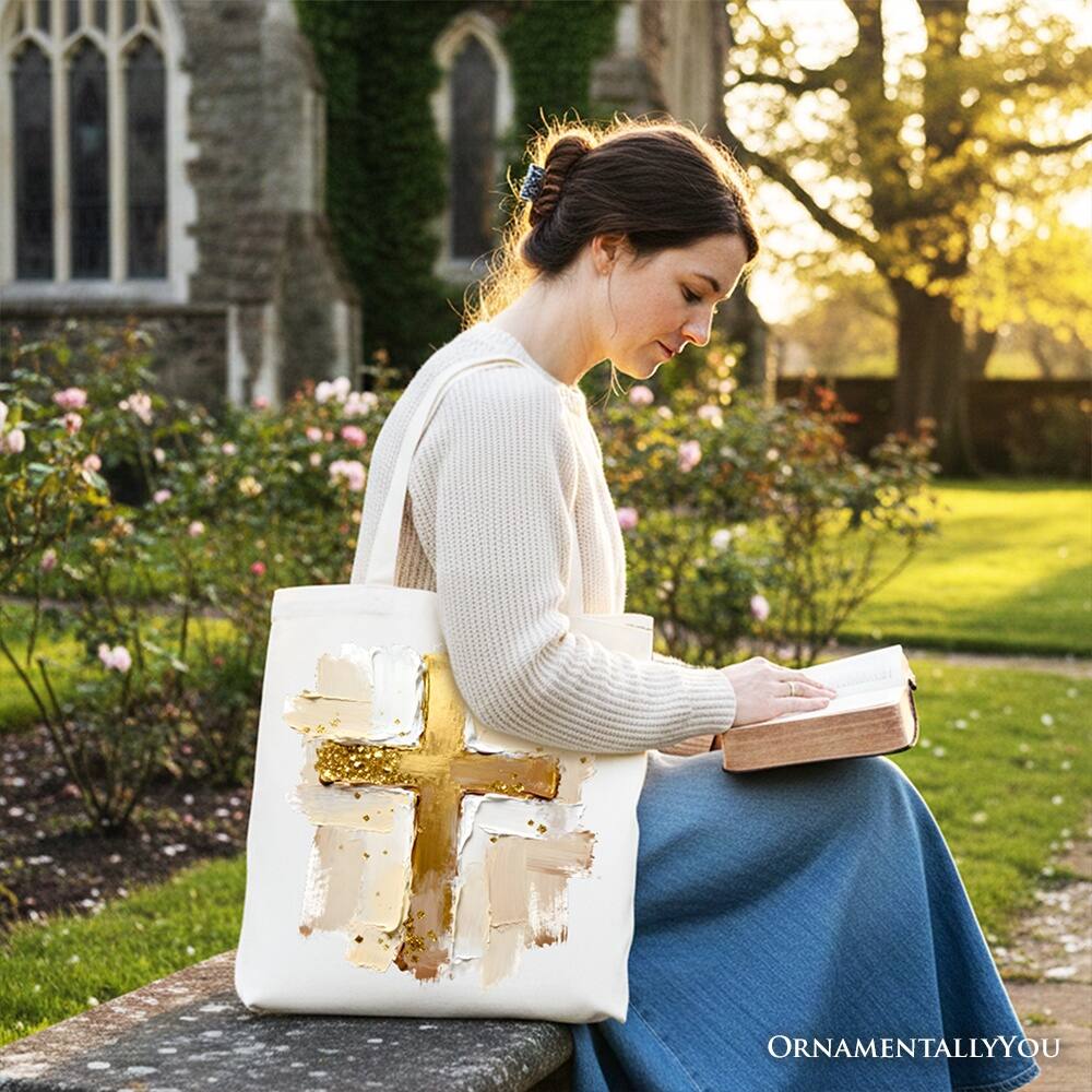 Left. OrnamentallyYou - Oil Brushstroke Cross Canvas Tote Bag, Christian Faith Jesus Easter Gift Shopper - White.