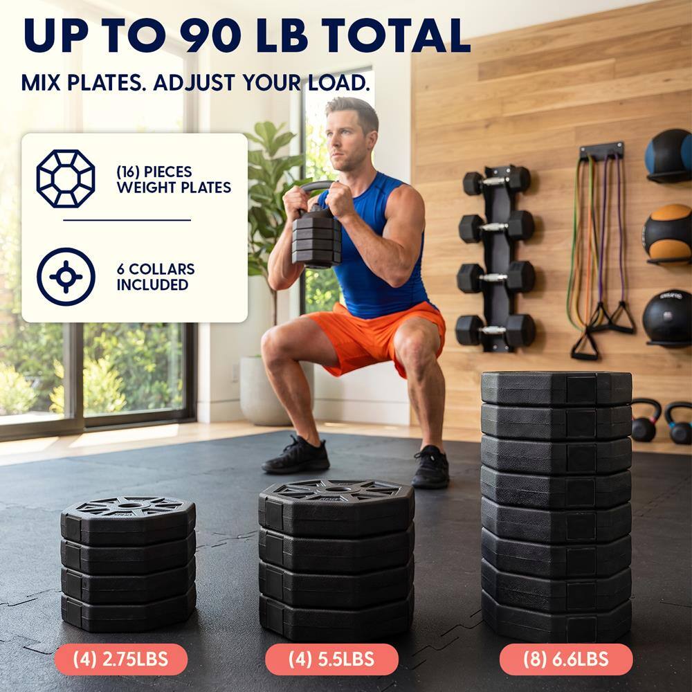 UP TO 90 LB TOTAL MIX PLATES. ADJUST YOUR LOAD.

(16) PIECES WEIGHT PLATES
6 COLLARS INCLUDED

(4) 2.75LBS
(4) 5.5LBS
(8) 6.6LBS