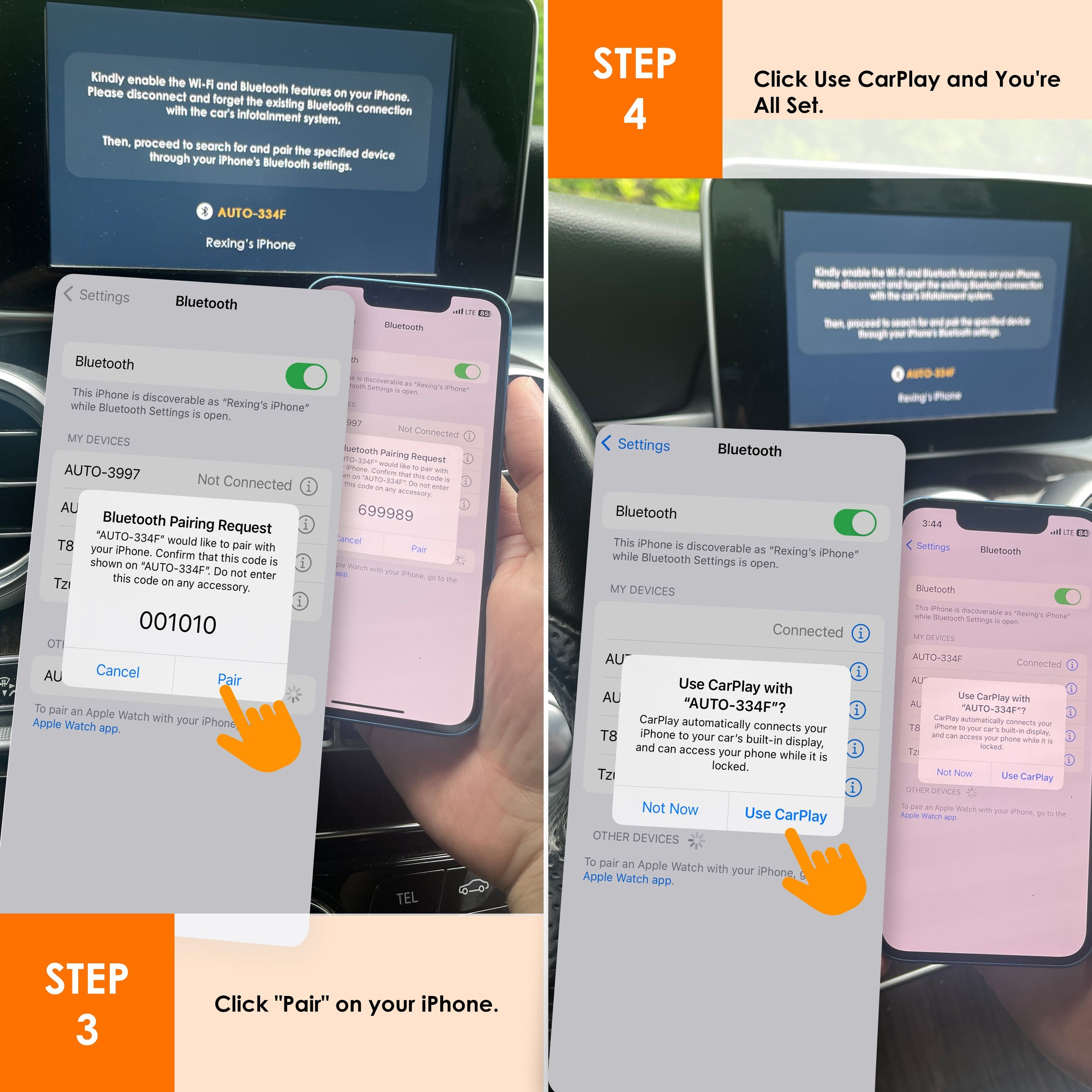 Kindly enable Bluetooth features on your iPhone. Disconnect from the existing Bluetooth connection with the car's infotainment system. Then, proceed to search and pair the specified device through your iPhone's Bluetooth settings.
STEP 4: Click "Use CarPlay and You're All Set."
AUTO-334F: Rexing's iPhone Settings Bluetooth Pairing. Kindly enable Bluetooth on this iPhone. This iPhone is discoverable as "Rexing's iPhone" while Bluetooth is enabled.
DEVICES: AUTO-3997 Not Connected. Bluetooth Pairing "AUTO-334F" Request. To pair with your iPhone, enter this code: "AUTO-334F\*". This code is for an accessory.
001010: Cancel Pairing. If you want to cancel pairing, enter this code: "001010".
Settings: Bluetooth. Bluetooth Pairing. This iPhone is discoverable as "Rexing's iPhone" while Bluetooth is enabled.
DEVICES: Connected.
Use CarPlay with "AUTO-334F". CarPlay is now enabled with the specified device.