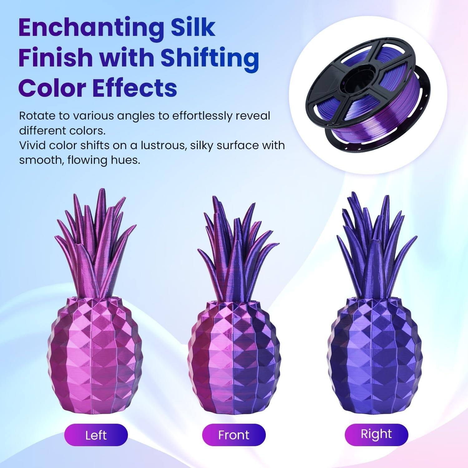 Enchanting Silk Finish with Shifting Color Effects

Rotate to various angles to effortlessly reveal different colors. Vivid color shifts on a lustrous, silky surface with smooth, flowing hues.

Left
Front
Right