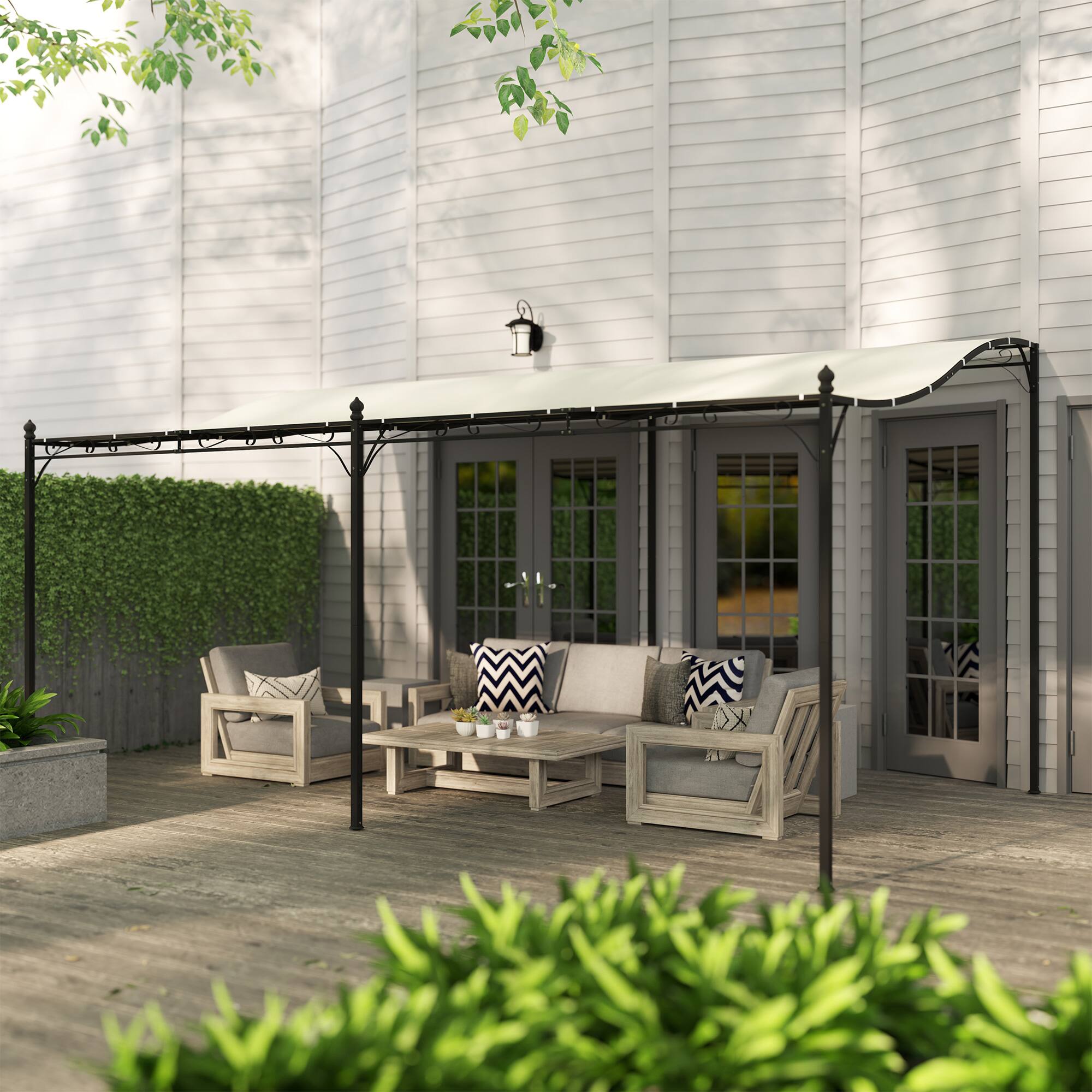 Alt View 5. Outsunny - 10' x 17' Outdoor Pergola Canopy, Wall-Mounted Metal Patio Canopy with Weather-Resistant Fabric - Cream White.