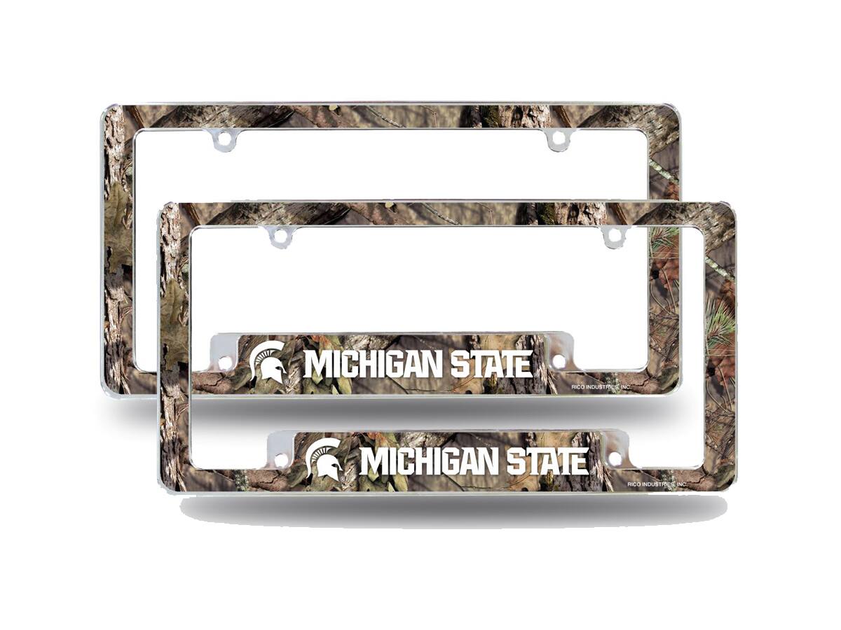 Michigan State Spartans Chrome Metal (Set of 2) License Plate Frames with Bold Mossy Oak Camouflaged Camo Design