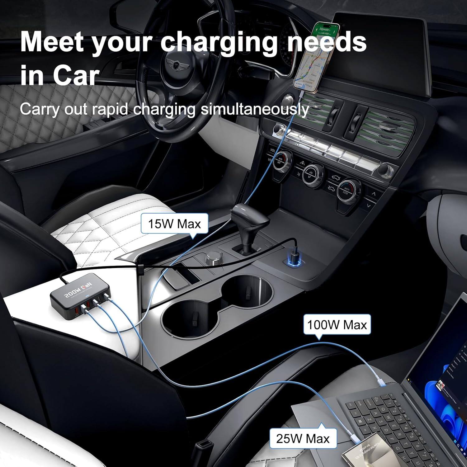Meet your charging needs in Car  
Carry out rapid charging simultaneously  
15W Max  
100W Max  
25W Max