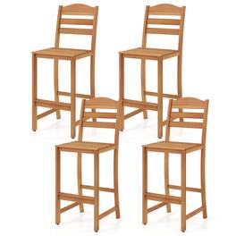 Costway - 4PCS Solid Acacia Wood Bar Stool, 29.5" Bar Height Stool with Backrest & Footrest - Natural