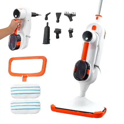 Front. Glintex - Steam Mop 8-in-1 Floor Cleaner with 7 Brush Heads and 2 Washable Pads for Tile, Marble, and Wood Floors.