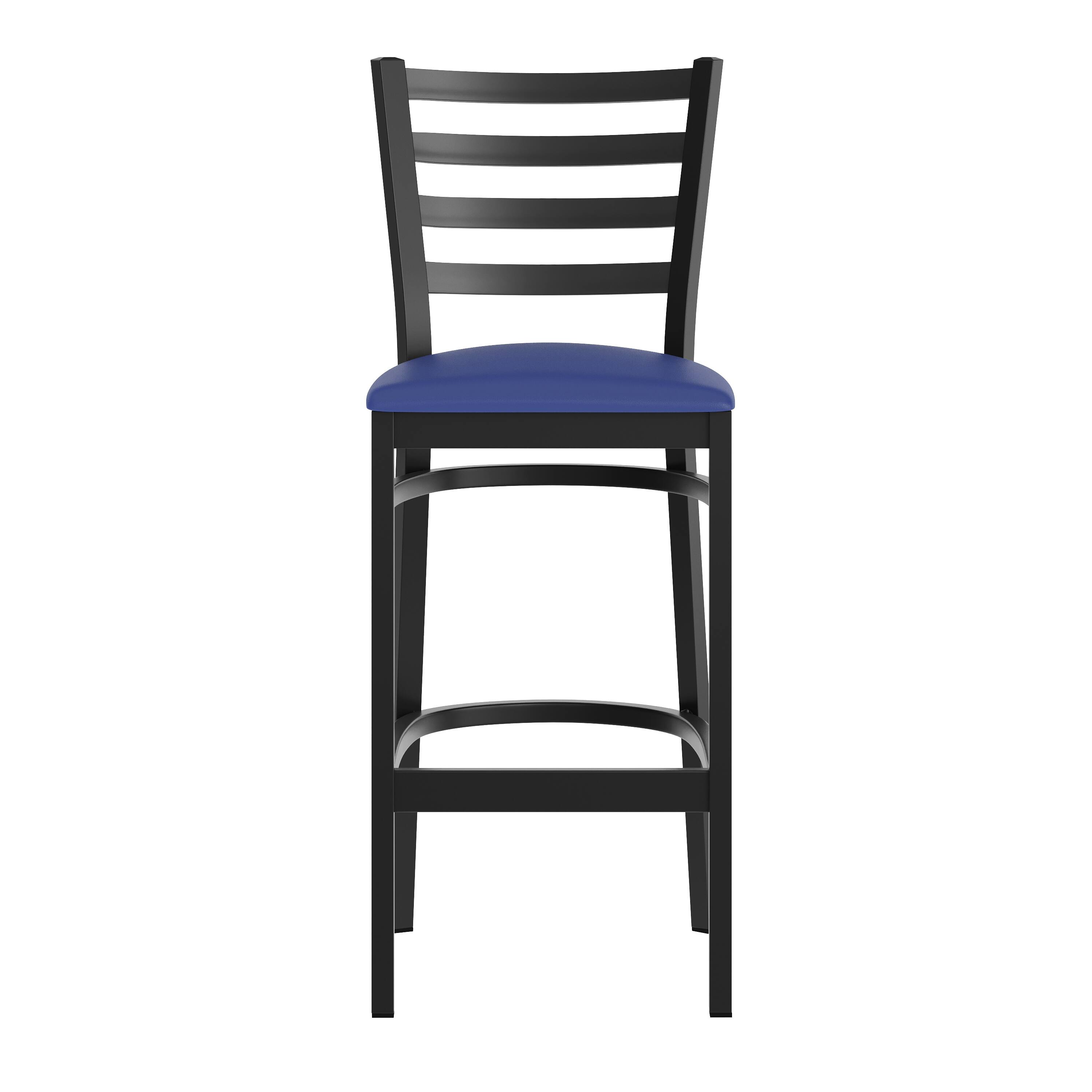 Angle. Flash Furniture - HERCULES Black Ladder Back Metal Restaurant Barstool - Blue Vinyl Seat - Blue.