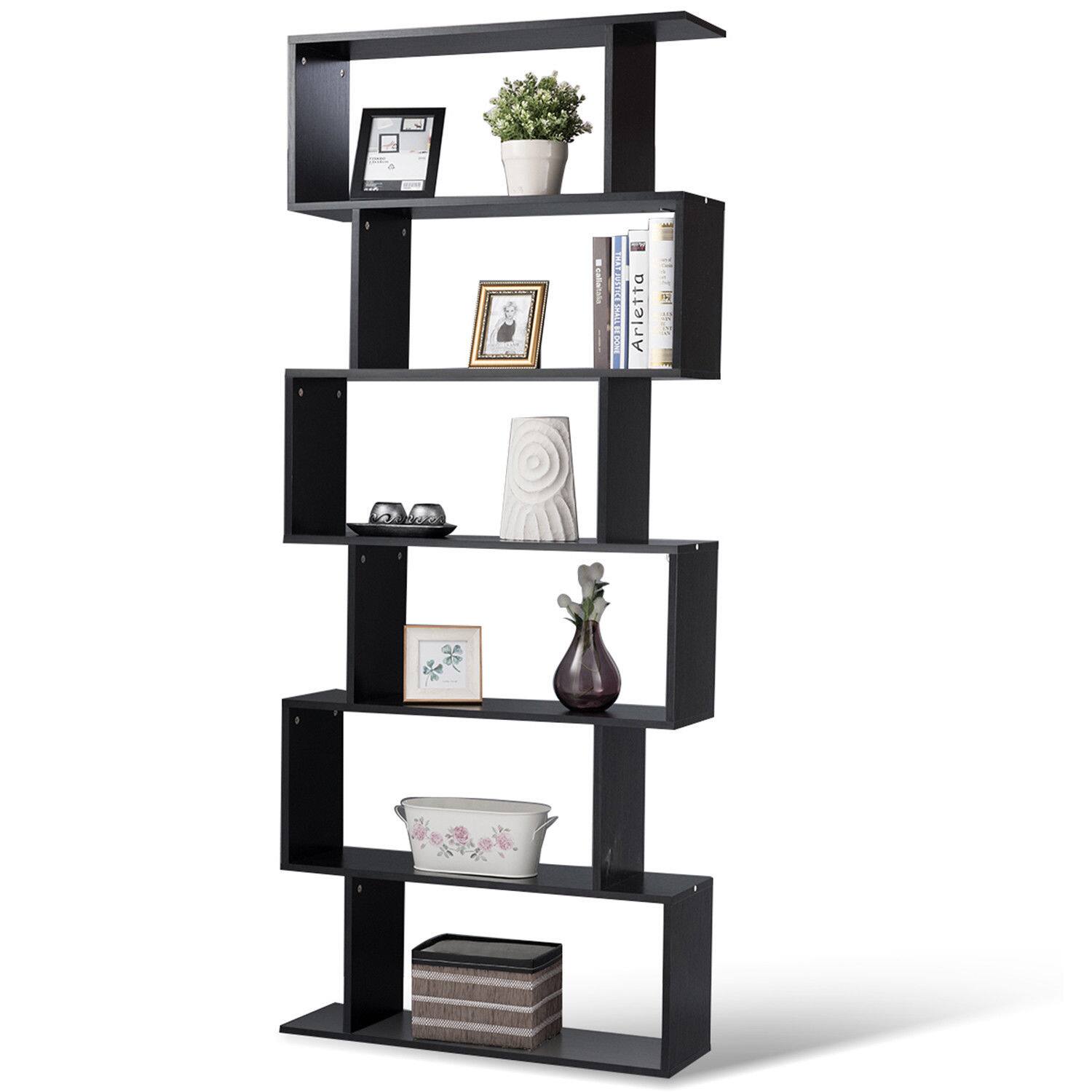 Gymax - 6 Tier S-Shaped Bookcase Z-Shelf Style Storage Display Modern Bookshelf - Black