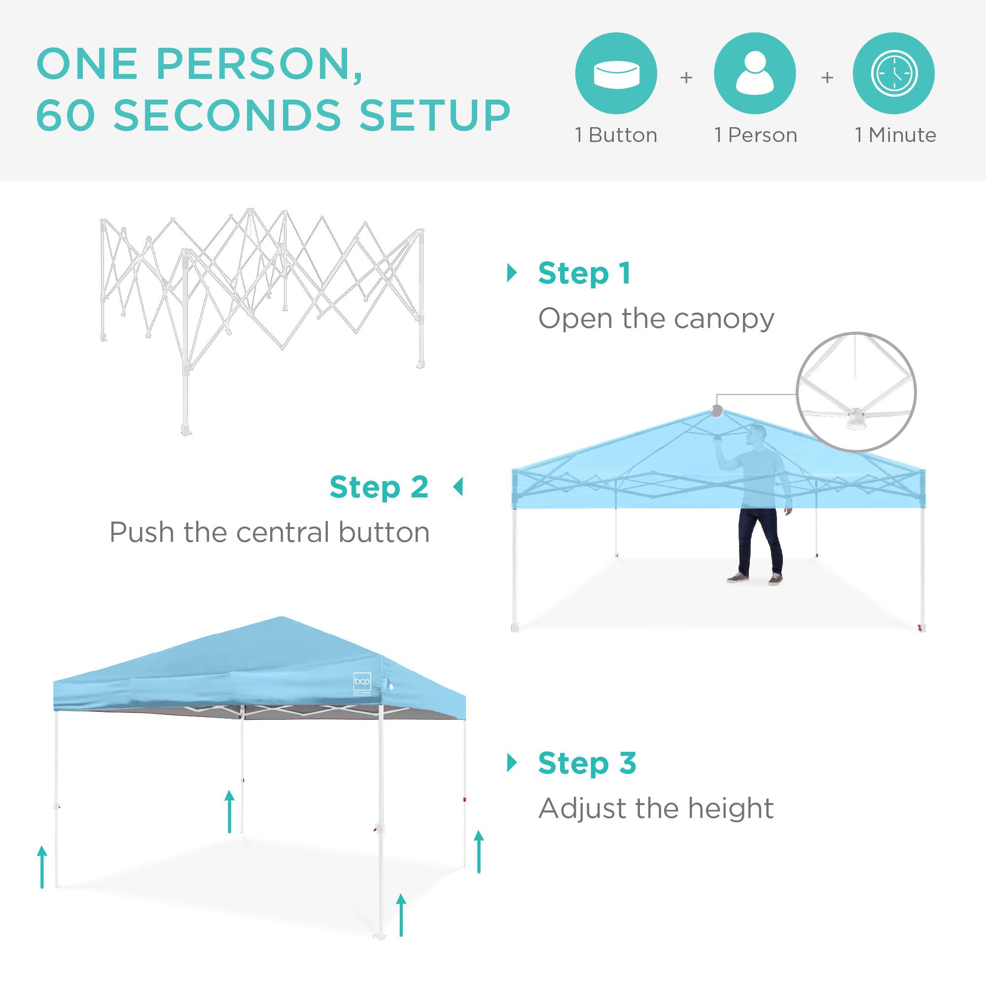 ONE PERSON, 60 SECONDS SETUP

1 Button + 1 Person + 1 Minute

Step 1
Open the canopy

Step 2
Push the central button

Step 3
Adjust the height