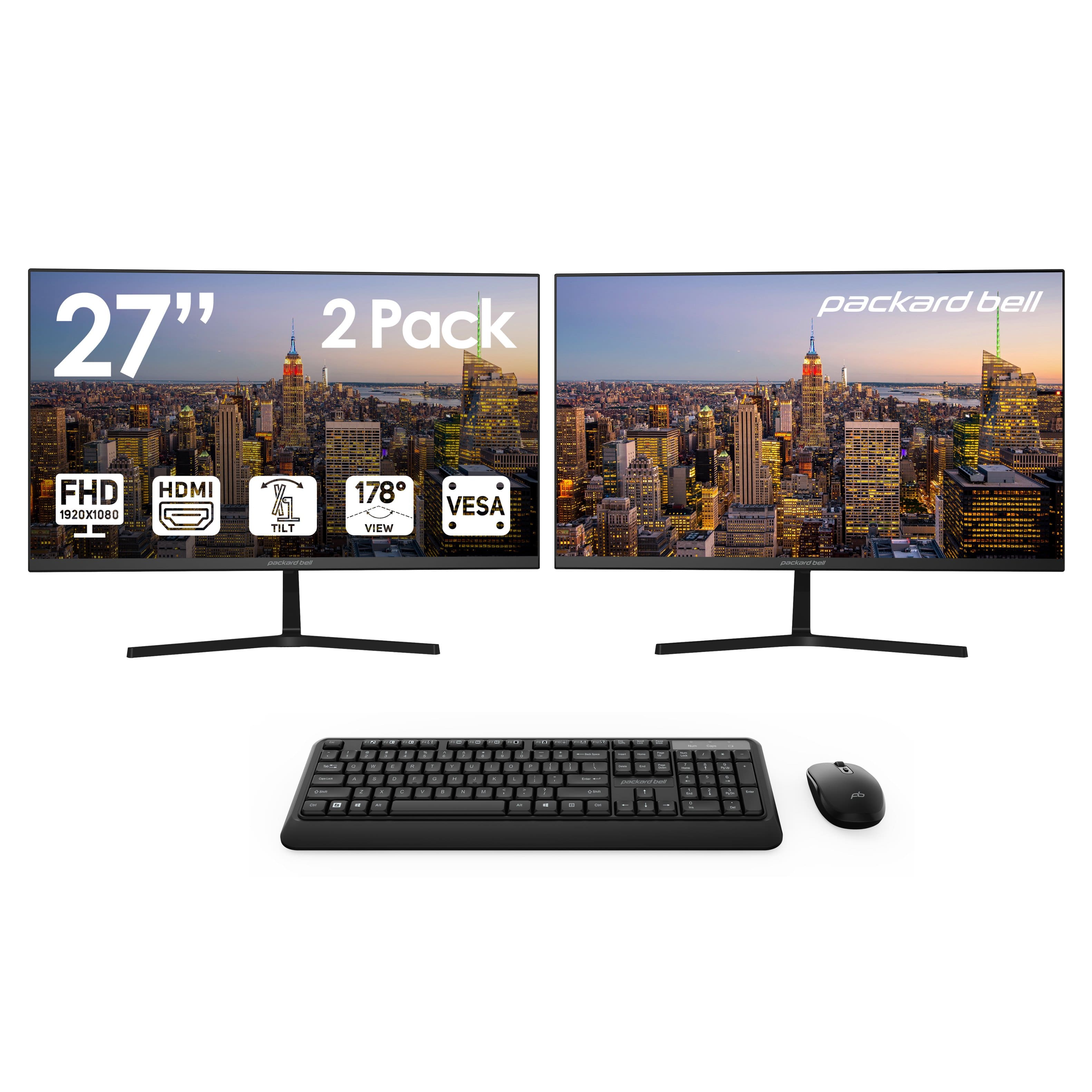 Packard Bell - 27" FHD Monitor – HDMI/VGA, 75Hz, Tilt, VESA Mount, 2 Pack, Wireless Keyboard + Mouse Bundle - Black