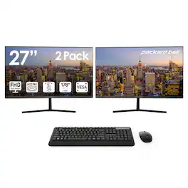 Packard Bell - 27" FHD Monitor – HDMI/VGA, 75Hz, Tilt, VESA Mount, 2 Pack, Wireless Keyboard + Mouse Bundle - Black