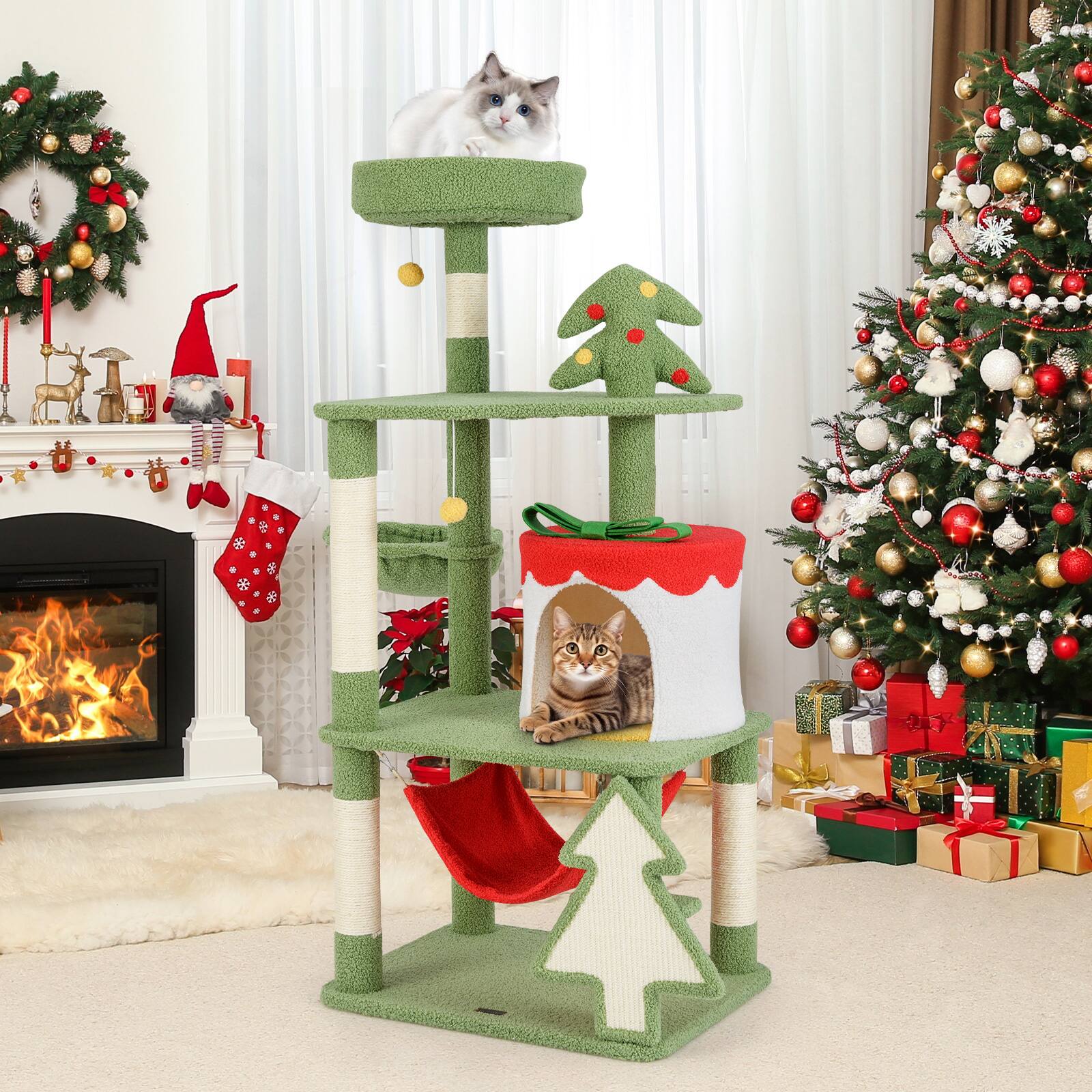 Alt View 3. Costway - Costway 52" Tall Christmas Cat Tower w/ Sisal Scratching Posts & Xmas Tree Pet Indoor Furniture Holiday Decoration - Green,Red,Yellow,White.