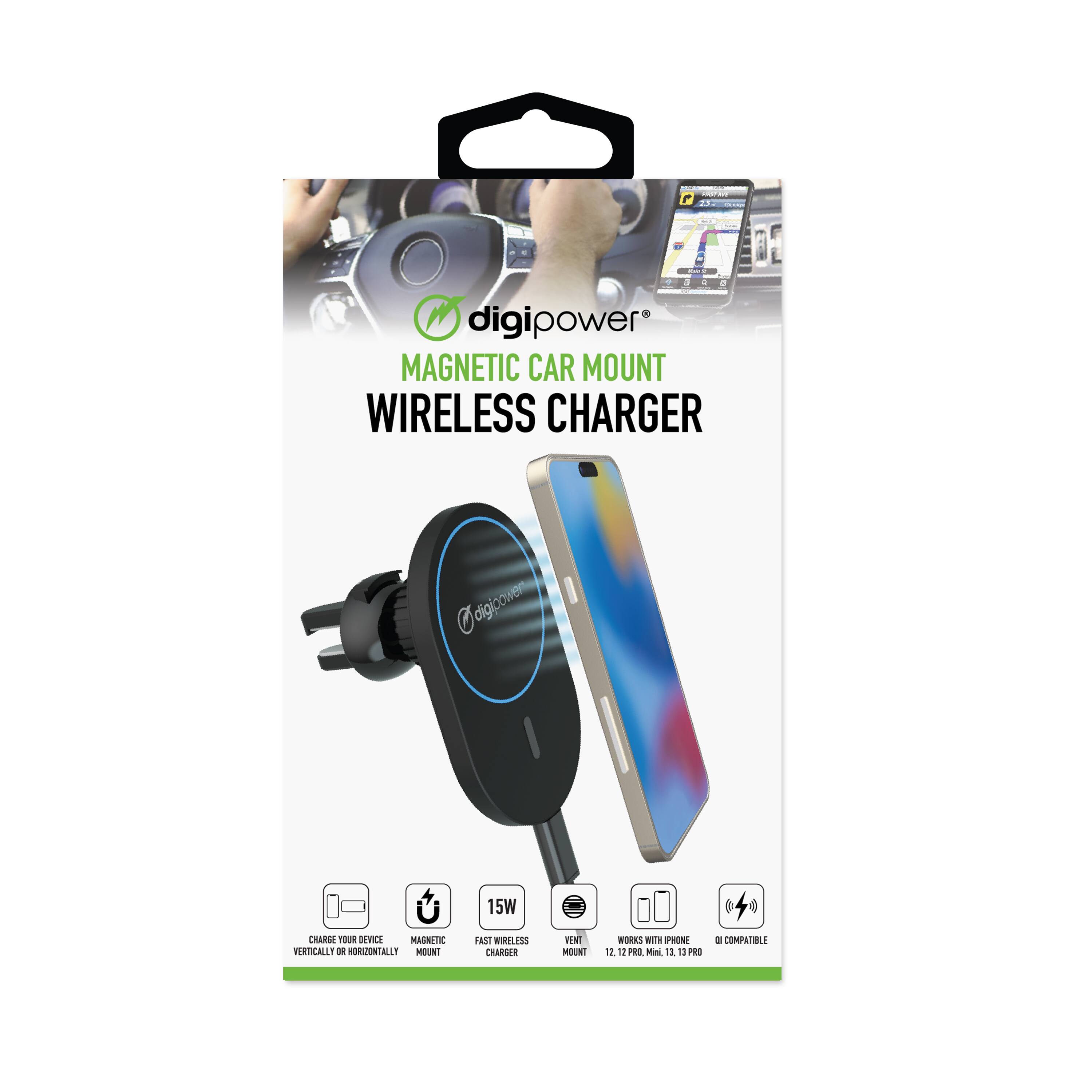 digipower MAGNETIC CAR MOUNT WIRELESS CHARGER 15W CHARGE YOUR DEVICE VERTICALLY OR HORIZONTALLY MOUNT FAST WIRELESS CHARGER WORKS WITH IPHONE 12, 12 PRO, MAX, 13 PRO, 13 PRO MAX COMPATIBLE