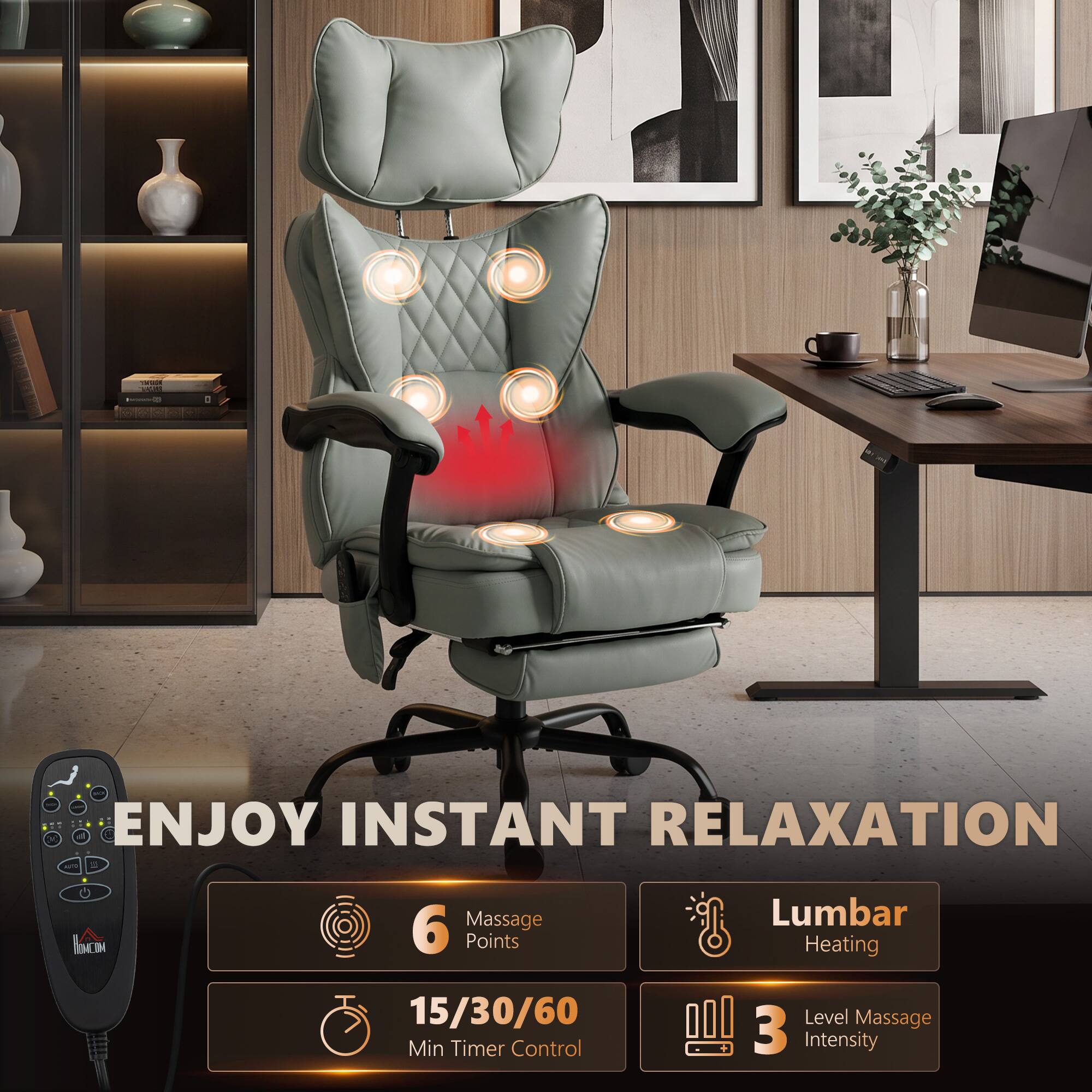 - King ENJOY INSTANT RELAXATION
- 6 Massage Points
- 15/30/60 Min Timer Control
- Lumbar Heating
- 3 Level Massage Intensity