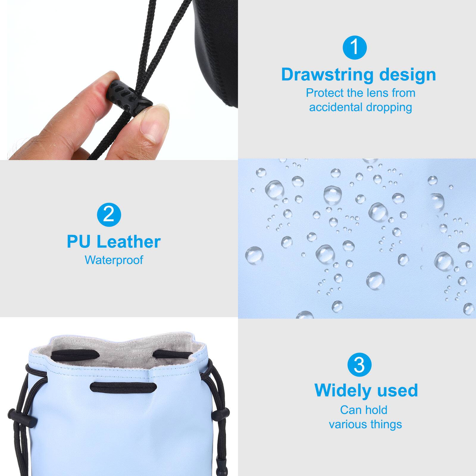 1. Drawstring design  
   Protect the lens from accidental dropping

2. PU Leather  
   Waterproof

3. Widely used  
   Can hold various things
