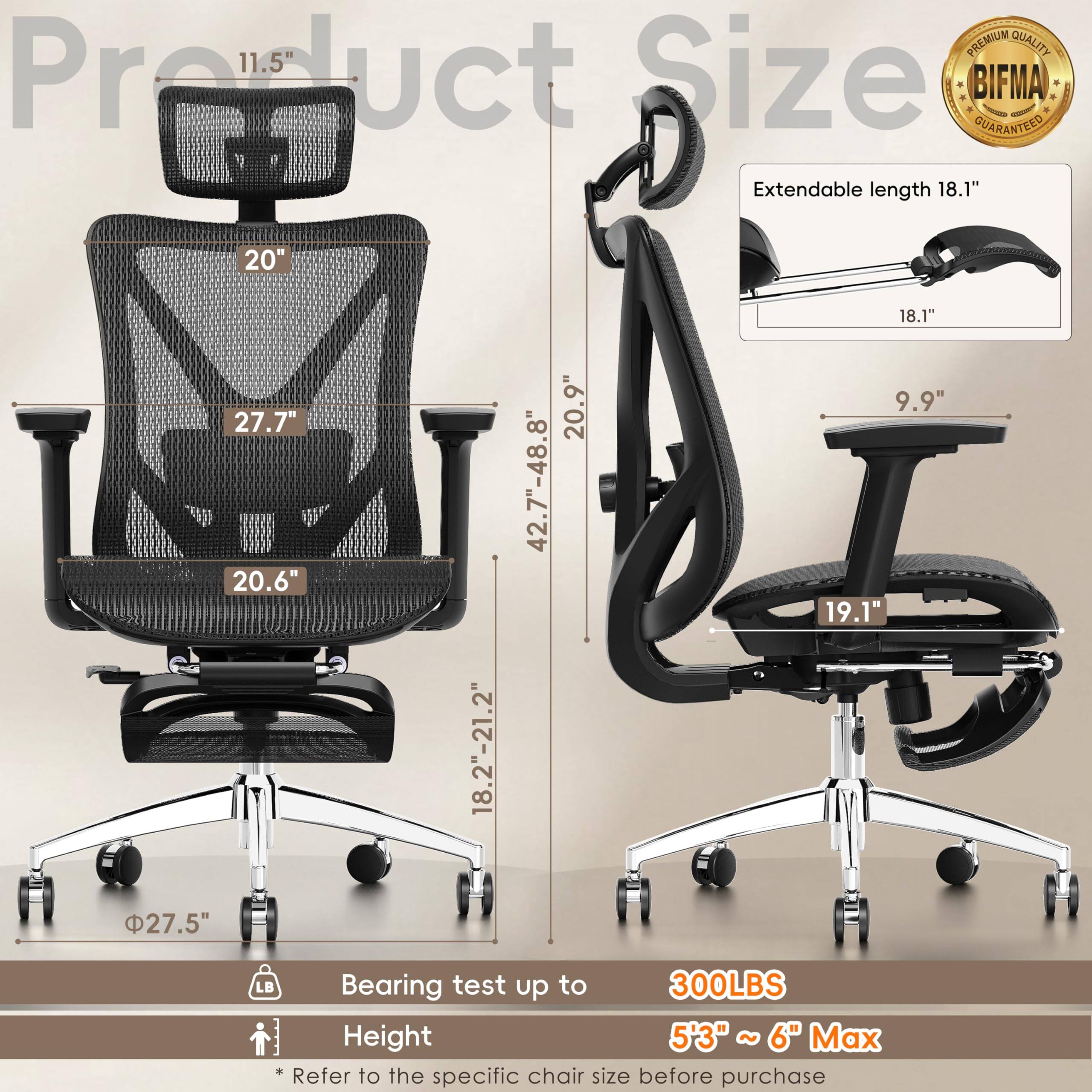 **Product Size**

- **Premium Quality**
- **BIFMA Guaranteed**

**Dimensions:**
- **Seat Width:** 20.6"
- **Seat Depth:** 18.2" - 21.2"
- **Back Height:** 27.7"
- **Armrest Height:** 9.9"
- **Armrest Width:** 18.1" (Extendable length)
- **Overall Width:** 42.7" - 48.8"
- **Overall Depth:** 20.9"
- **Overall Height:** 5'3" - 6"
- **Base Diameter:** 27.5"

**Specifications:**
- **Bearing Test:** Up to 300LBS
- **Height:** 5'3" - 6" Max

*Refer to the specific chair size before purchase*