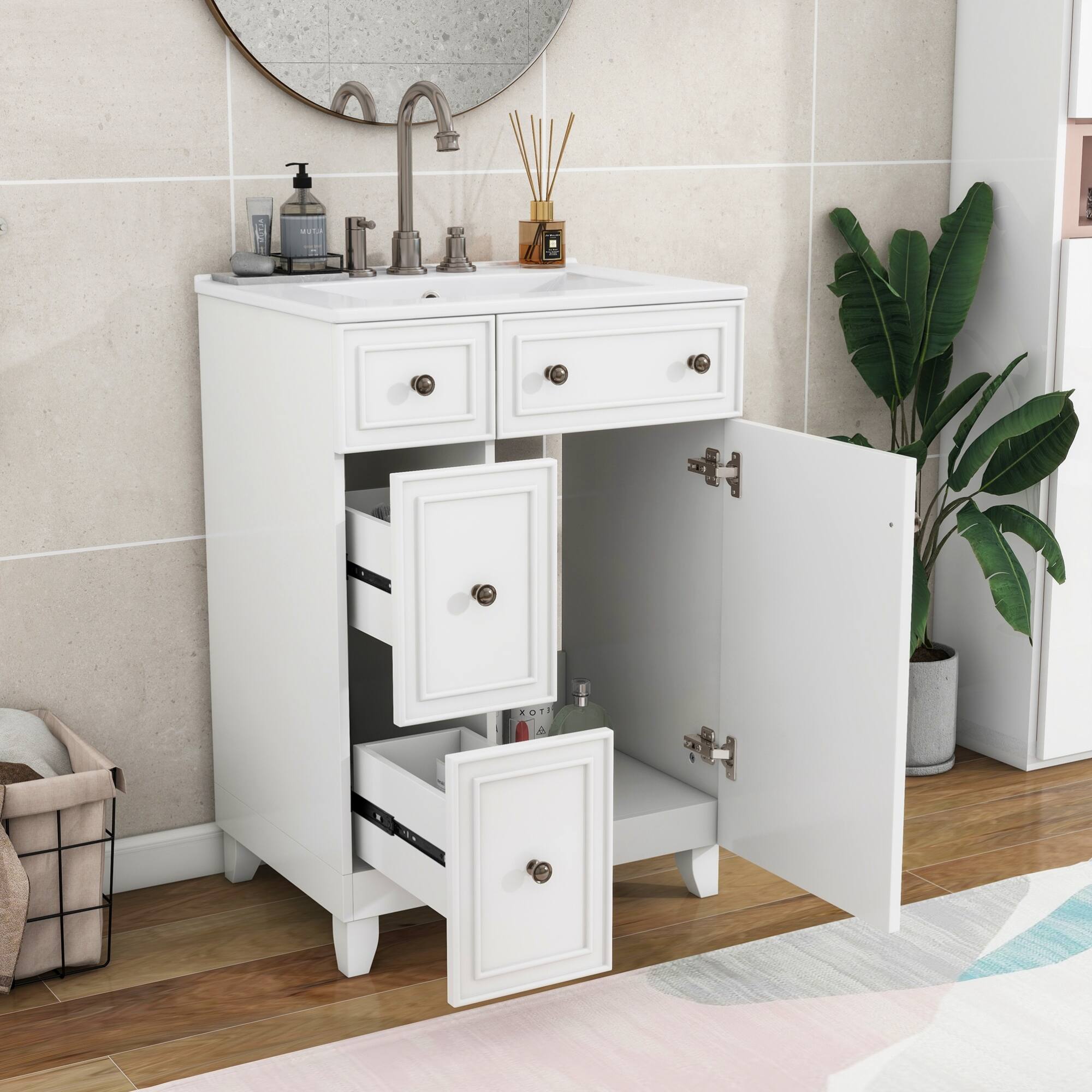 Front. ELEMENT ACE - Compact 24-Inch Bathroom Vanity Cabinet with Ceramic Sink and Ample Storage Space - White.