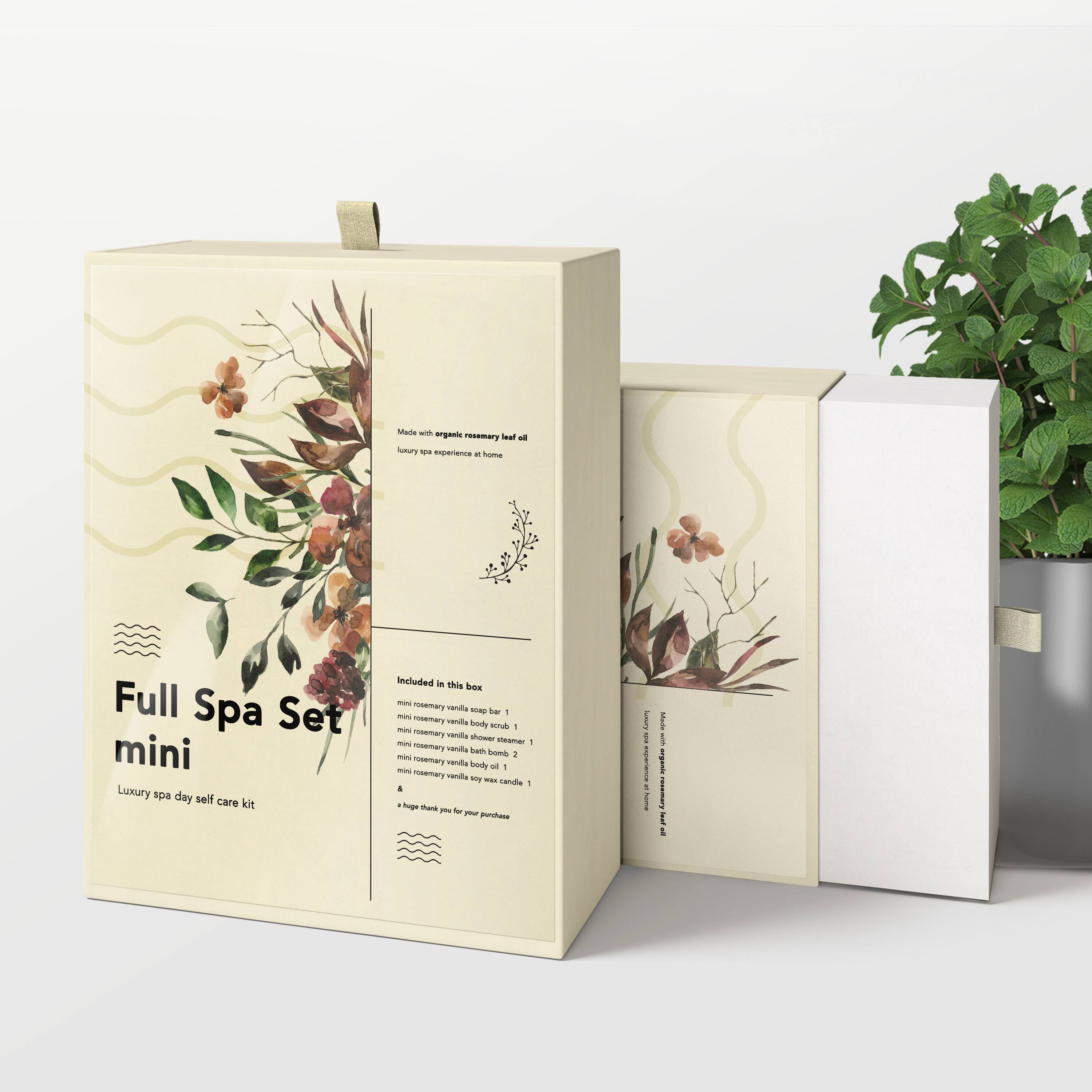 Mude - organic rosemary a - q 1 experience - Aama Full Spa Set mini Luxury spa day self care kit

Included in This box:
- rosemary vanilla soap bar 1
- rosemary vanilla shower steamer 1
- rosemary vanilla body scrub 1
- rosemary vanilla body oil 2
- rosemary vanilla soy wax candle 1

Made with organic rosemary leaf oil
luxury spa experience at home

A huge thank you for your purchase