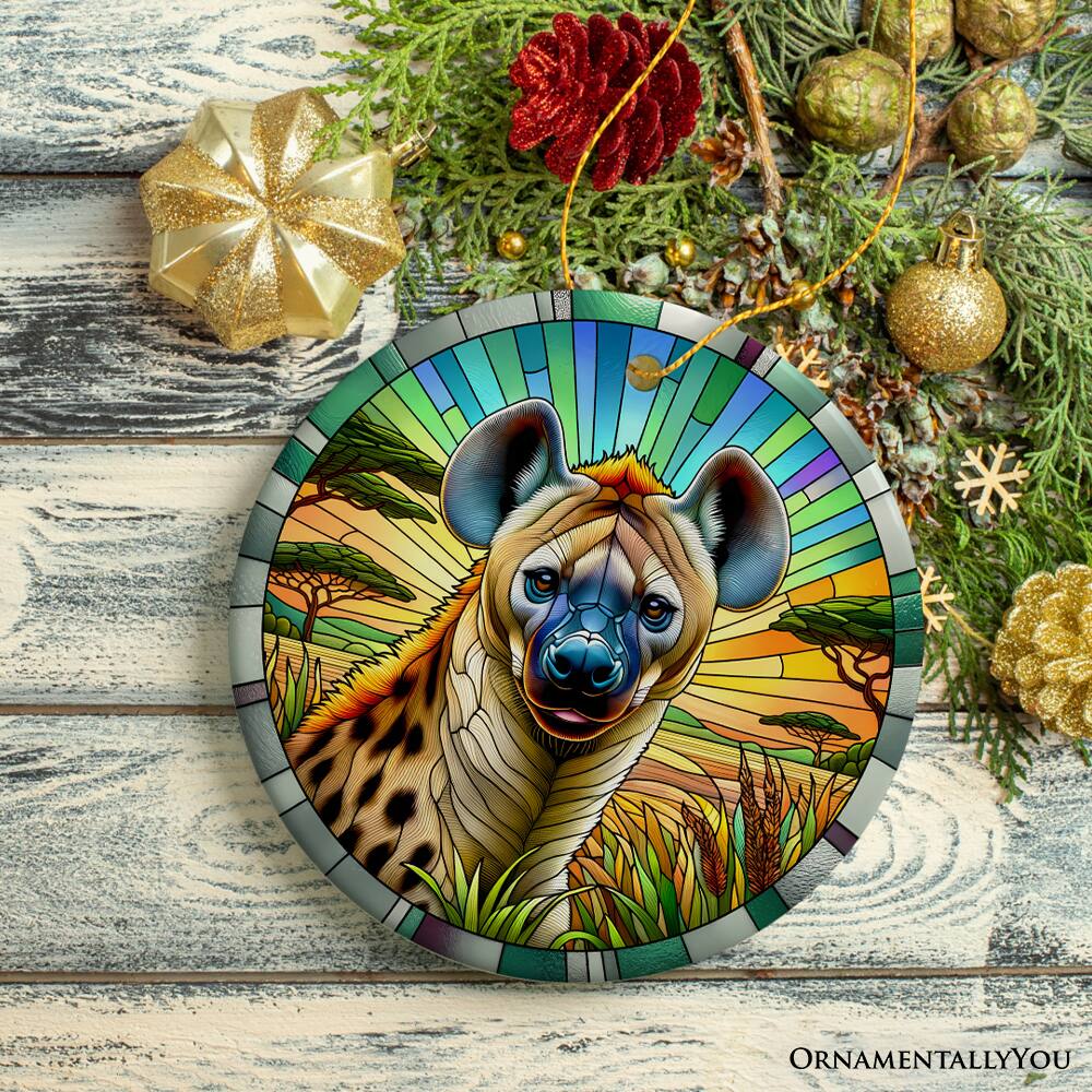 Back. OrnamentallyYou - Savannah Scavenger Hyena Stained Glass Style Ceramic Ornament Safari Animals Christmas Gift - Multi-colored.