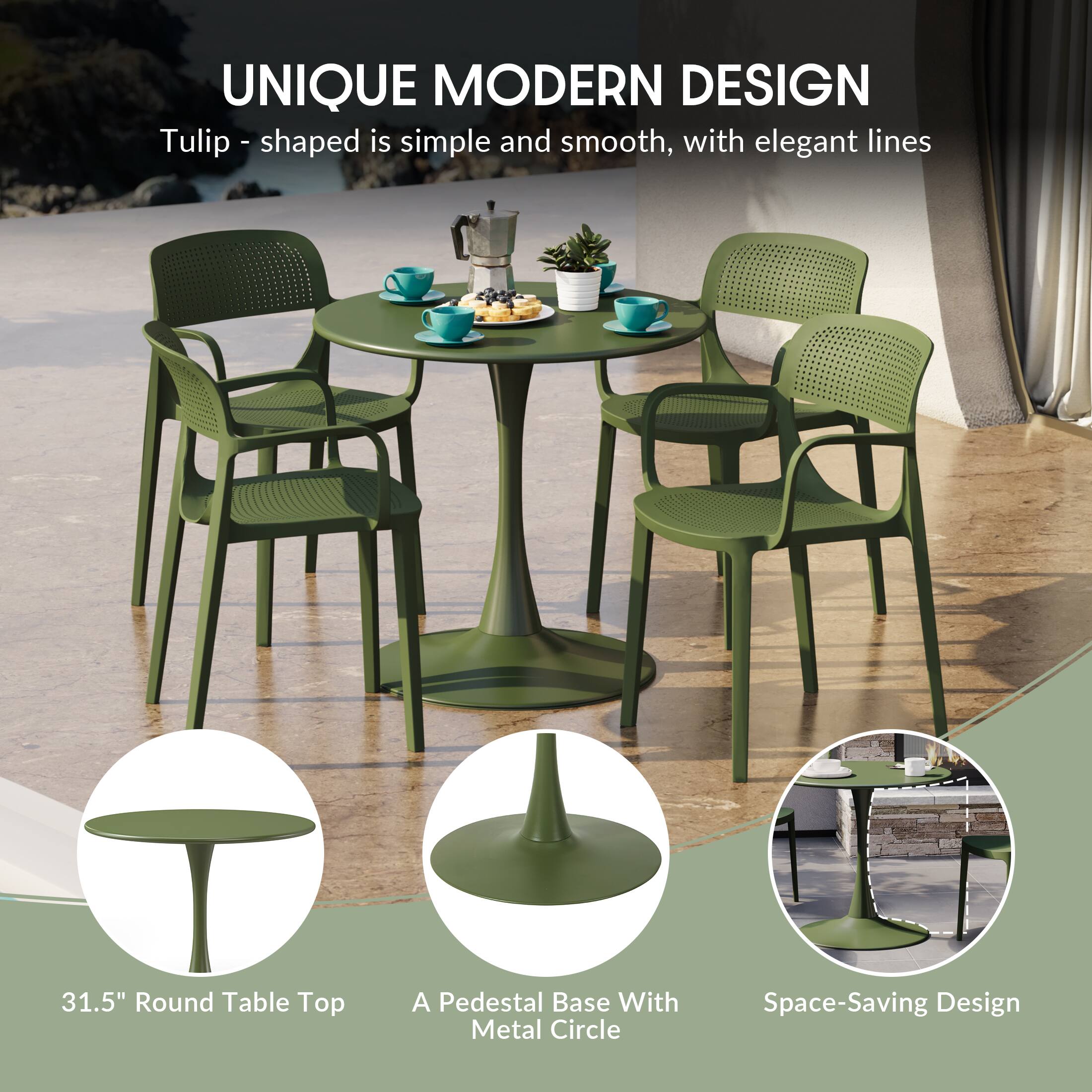 UNIQUE MODERN DESIGN  
Tulip-shaped is simple and smooth, with elegant lines  

31.5" Round Table Top  
A Pedestal Base With Metal Circle  
Space-Saving Design