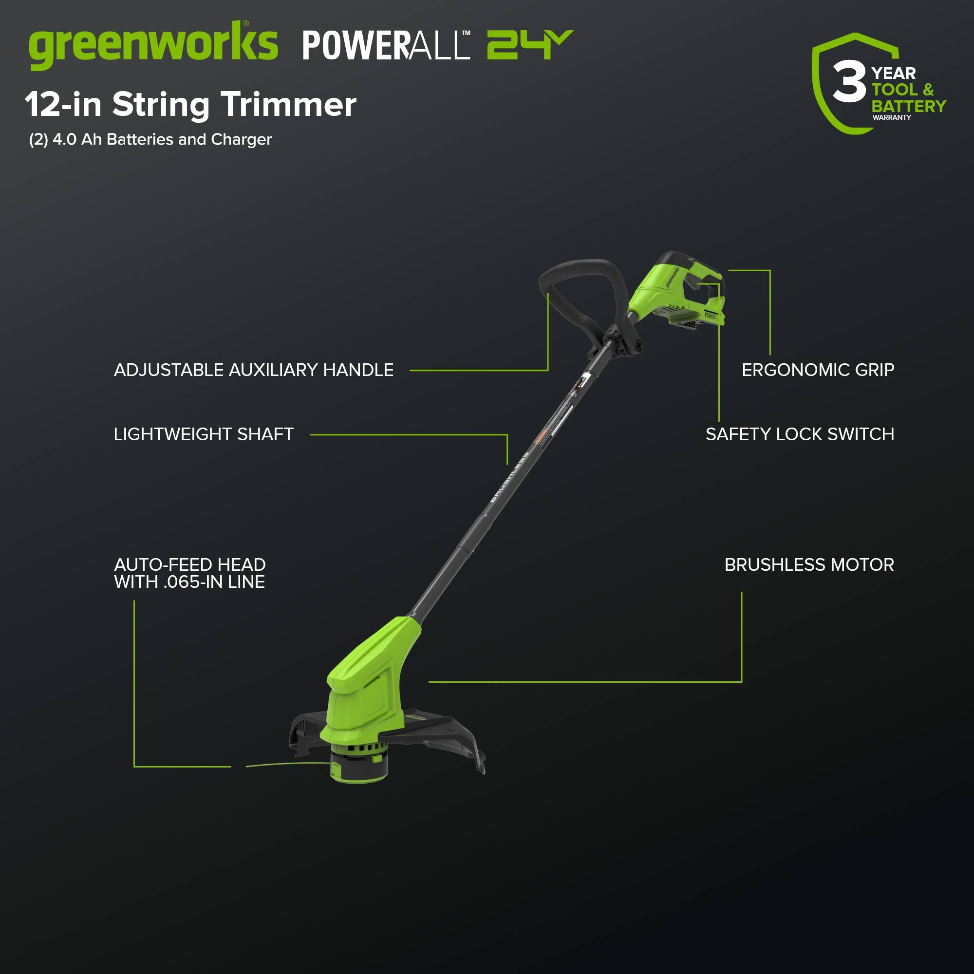 greenworks POWERALL 24Y 12-in String Trimmer (2) 4.0 Ah Batteries and Charger

- 3 YEAR TOOL & BATTERY WARRANTY
- ADJUSTABLE AUXILIARY HANDLE
- ERGONOMIC GRIP
- LIGHTWEIGHT SHAFT
- SAFETY LOCK SWITCH
- AUTO-FEED HEAD WITH .065-IN LINE
- BRUSHLESS MOTOR