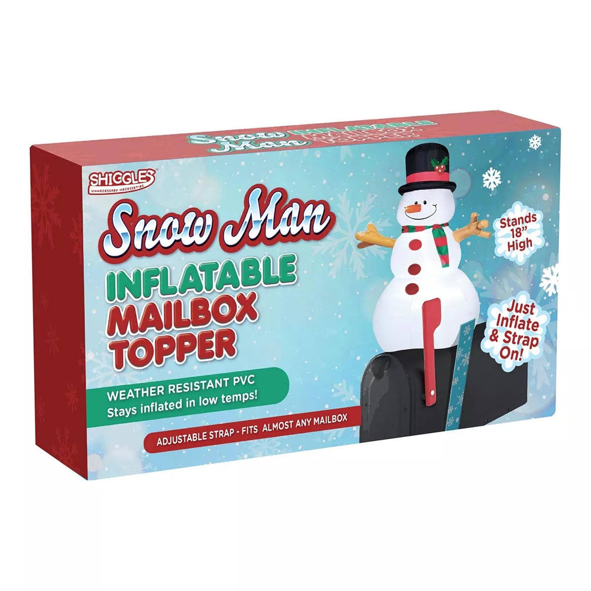 SHIGGLES Snow Man INFLATABLE MAILBOX TOPPER  
WEATHER RESISTANT PVC  
Stays inflated in low temps!  
ADJUSTABLE STRAP - FITS ALMOST ANY MAILBOX  
Just Inflate & Strap On!  
Stands 18" High