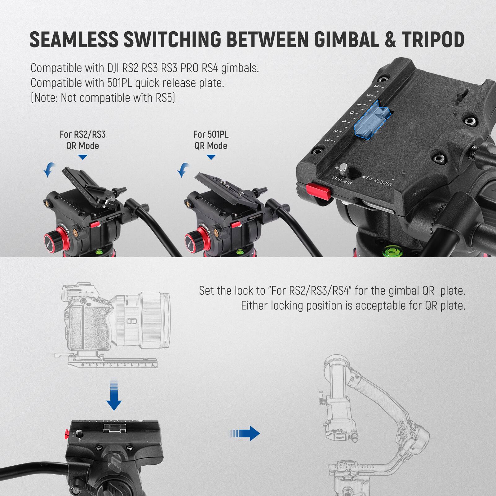 SEAMLESS SWITCHING BETWEEN GIMBAL & TRIPOD

Compatible with DJI RS2 RS3 RS3 PRO RS4 gimbals.
Compatible with 501PL quick release plate.
(Note: Not compatible with RS5)

For RS2/RS3 QR Mode
For 501PL QR Mode

Standard

Set the lock to "For RS2/RS3/RS4" for the gimbal QR plate.
Either locking position is acceptable for QR plate.