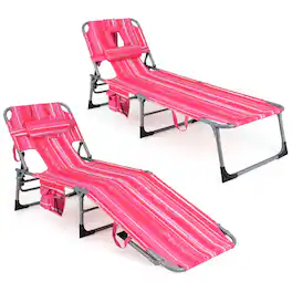 Costway - 2 PCS Outdoor Beach Lounge Chair Folding Chaise Lounge with Pillow - Light Pink
