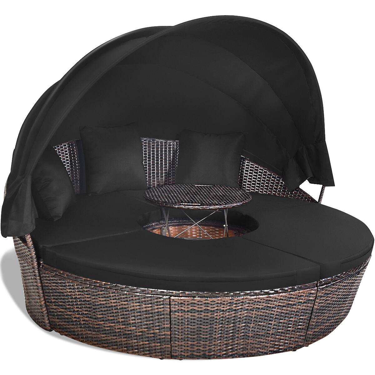 Alt View 1. Gymax - Gymax Cushioned Patio Rattan Round Daybed w/ Adjustable Table 3 Pillows Black - Black.