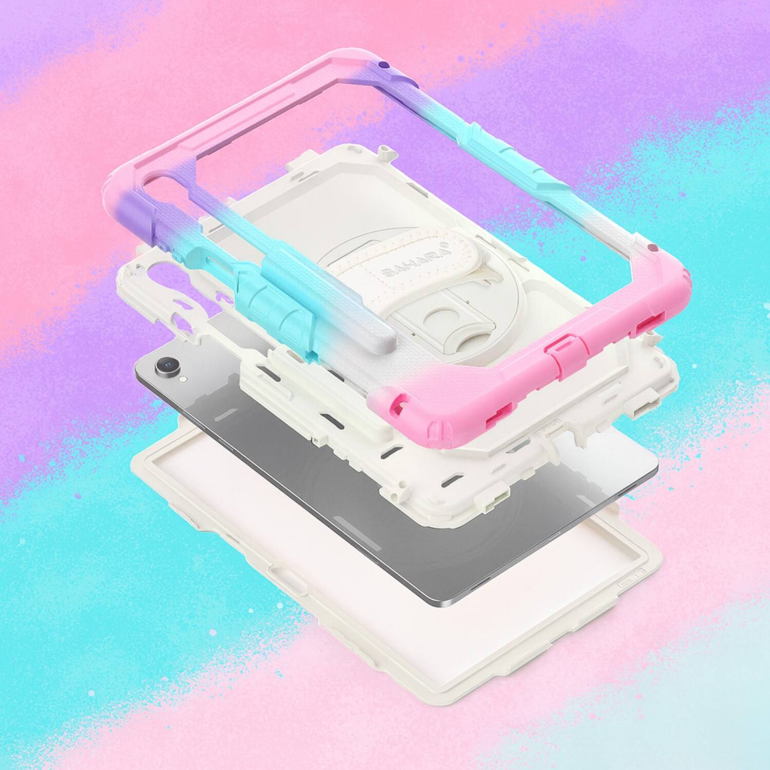 Angle. SaharaCase - Samsung Galaxy Tab S11 Case | Kid Proof Heavy Duty | Hand Strap & Shoulder Strap | Raider Series - Splash Pink.