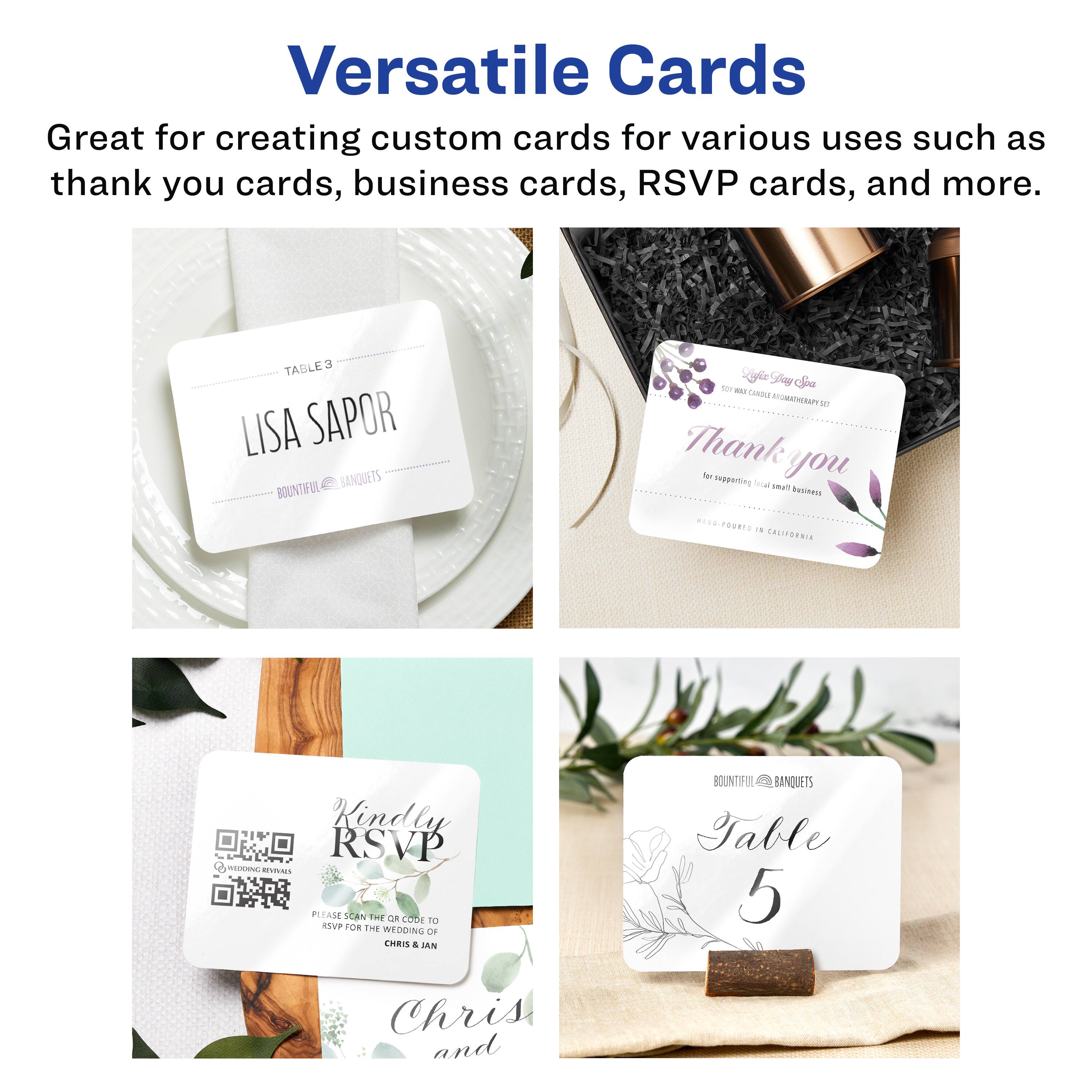 Versatile Cards

Great for creating custom cards for various uses such as thank you cards, business cards, RSVP cards, and more.

TABLE 3  
LISA SAPOR  
BOUNTIFUL BANQUETS

Thank you  
for supporting small businesses  
HAND POURED IN CALIFORNIA

Kindly RSVP  
PLEASE SCAN THE QR CODE TO RSVP FOR THE WEDDING OF CHRIS & JAN

Table 5  
BOUNTIFUL BANQUETS

Chris and