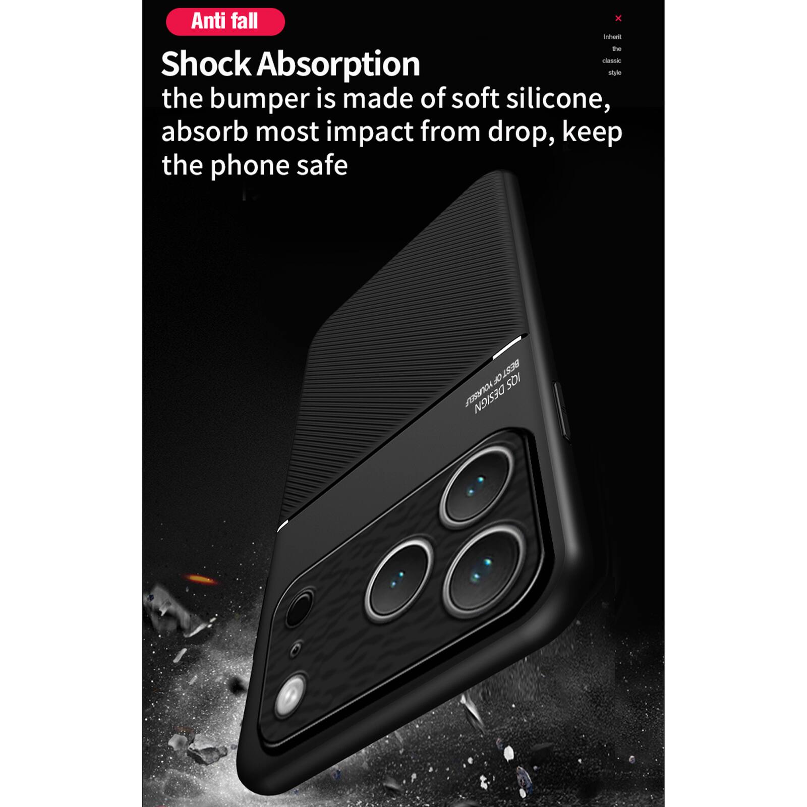 Anti fall  
Shock Absorption  
the bumper is made of soft silicone, absorb most impact from drop, keep the phone safe  
BEST SOI DESIGN