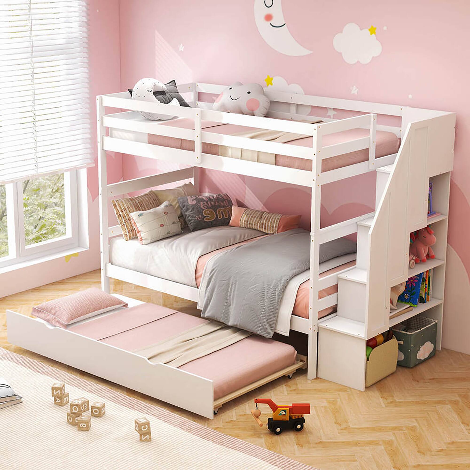 Alt View 4. Gymax - Gymax Twin over Twin Wooden Bunk Bed w/ Trundle Storage Stairs Convertible White - White.