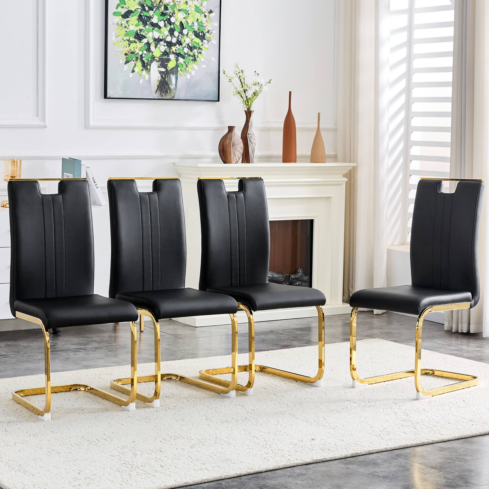Back. Loheer - Modern Black Gold PU Leather Cantilever Dining Chairs Set of 2, 1.31x1.71x3.18 ft Kitchen Seating - Black,Gold.