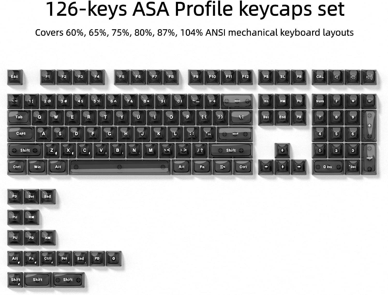 126-keys ASA Profile keycaps set  
Covers 60%, 65%, 75%, 80%, 87%, 104% ANSI mechanical keyboard layouts  

Esc F1 F2 F3 F4 F5 F6 F7 F8 F9 F10 F11 F12  
PS SL PB CAL  

1! 2 @ 3 # 4 $ 5 % 6 ^ 7 & 8 * 9 ( 0 ) - +  
Tab Q W E R T Y U I O P [ ] \  

Caps A S D F G H J K L ; :  
Shift Z X C V B N M , . /  

Ctrl Win Alt Alt Fn Ctrl  

Ins HM PU Num / * - +  
Del End PD 7 8 9 0  

Shift  

PD Del End PU HM PU PD HM Alt Fn Ctrl Del End PD 0  

Shift Shift Shift