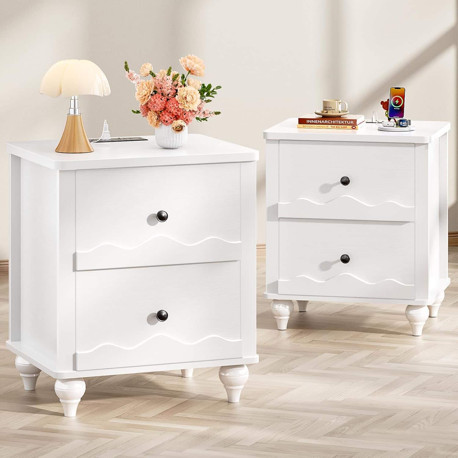 Aheaplus - Nightstand with 2 Drawers, Farmhouse Nightstand with Charging Station, 2 Piece Set - White