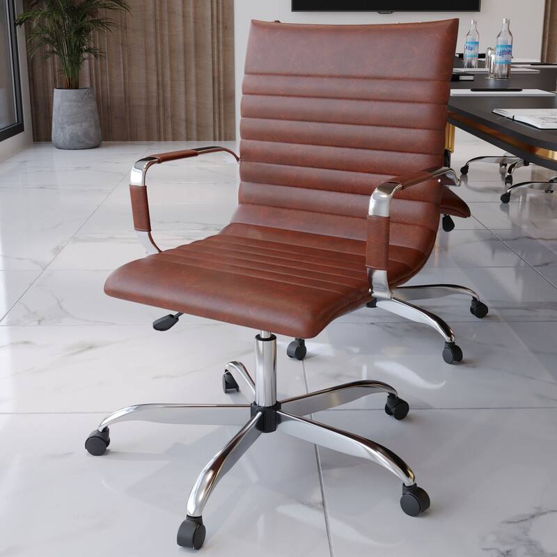 Angle. LeisureMod - Harris Mid-Back Leather Office Chair Adjustable Height Tilt Computer Task Chair with 360-Degree Swivel - Dark Brown.