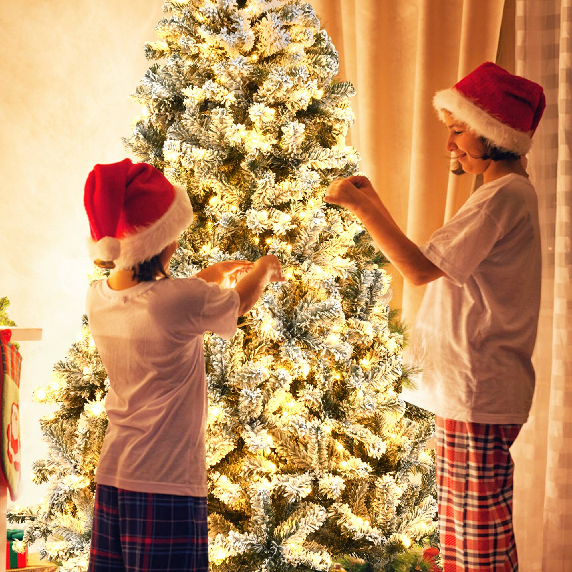 Alt View 4. Gymax - Gymax 9 FT Pre-Lit Christmas Tree Snow Flocked Hinged Pine Tree w/ Metal Stand - White.